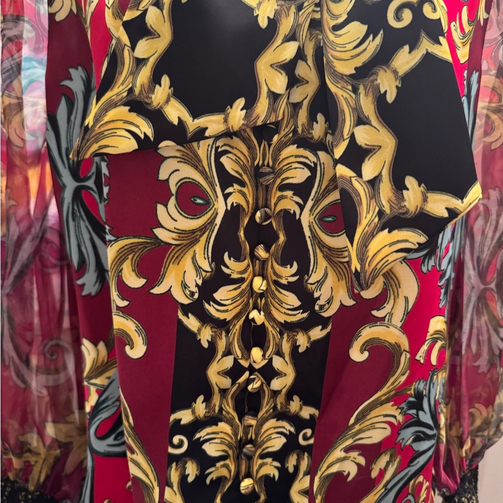 Alice & Olivia  Women's Red and Gold Baroque Print Blouse NWOT $395 retail - Picture 11 of 14